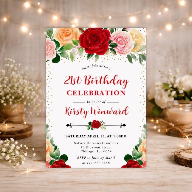 Invitation Watercolor Red and Yellow Roses 21st birthday (Créateur téléchargé)