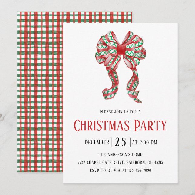 Invitation Watercolor Red Green Plaid Bow Christmas Party  (Devant / Derrière)