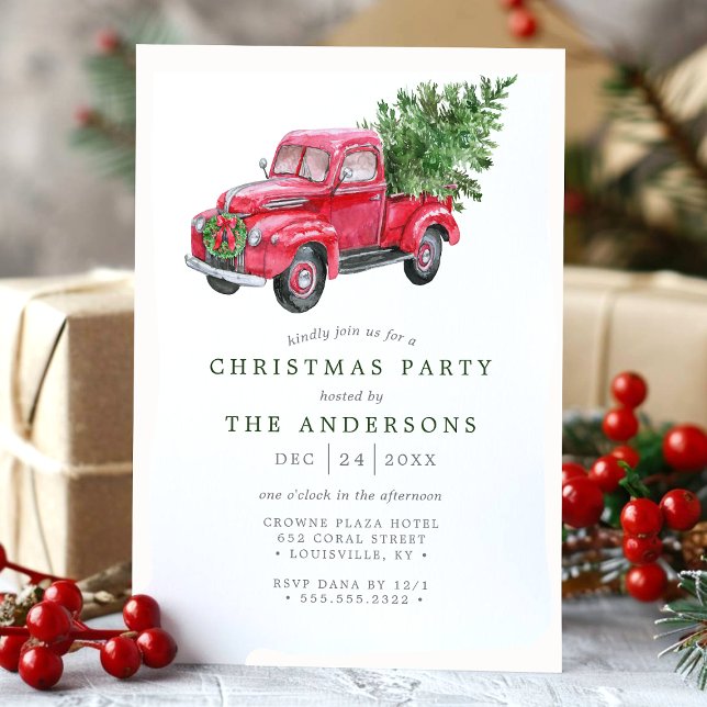 Invitation Watercolor Red Truck Retro Christmas Party (Créateur téléchargé)