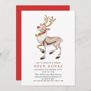 Invitation Watercolor Reindeer CHRISTMAS VACANCES OPEN HOUSE