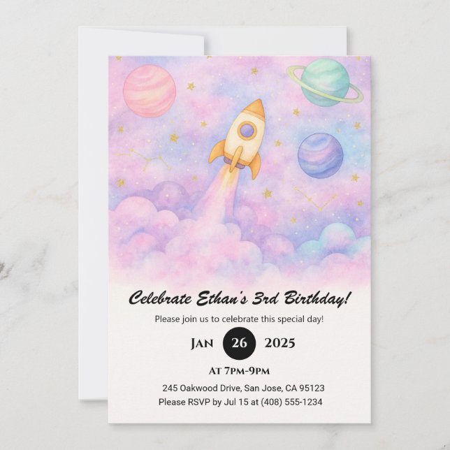 Invitation Watercolor Rocket & Dreamy Galaxy Birthday  (Devant)