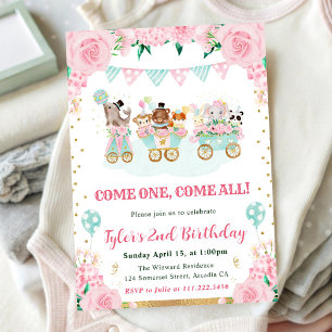 Invitation Watercolor Rose Circus Animaux Fête d'anniversaire