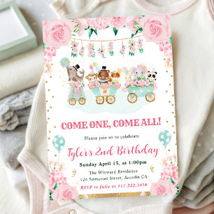 Invitation Watercolor Rose Circus Animaux Fête d'anniversaire