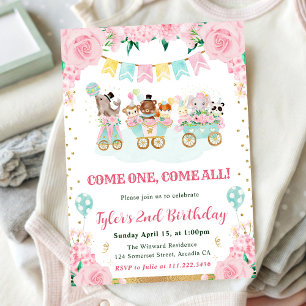 Invitation Watercolor Rose Circus Animaux Fête d'anniversaire