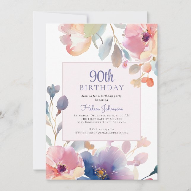 Invitation Watercolor Rose Floral 90e fête d'anniversaire (Devant)