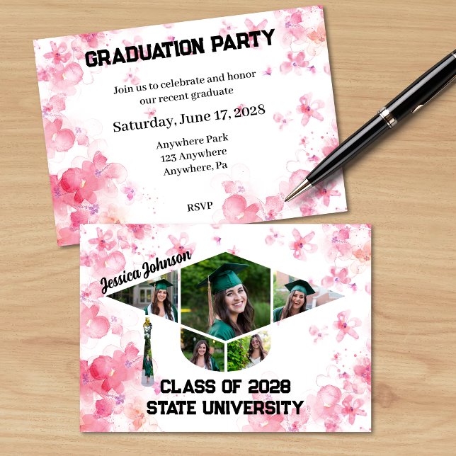 Invitation Watercolor Rose Floral Graduation (Pink Watercolor Floral Pattern Matching Graduation Party Invitation with a shape photo collage)