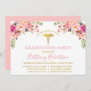 Invitation Watercolor Rose Floral Médicale Graduation Party