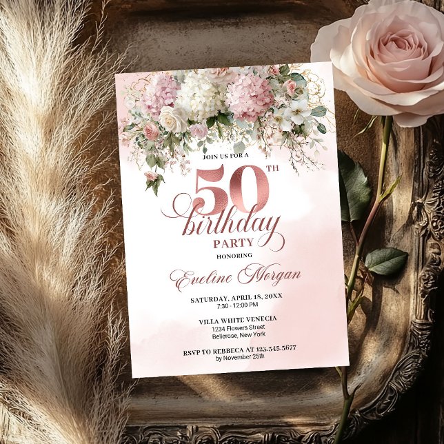 Invitation Watercolor Rose Gold Floral 50th Birthday Celebrat (Watercolor Rose Gold Floral 50th Birthday Celebration Invitation

)