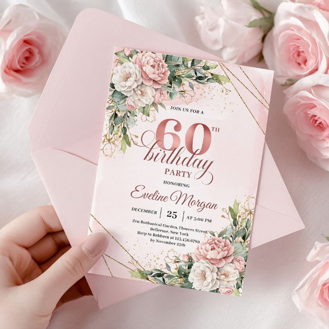 Invitation Watercolor Rose Gold Flowers Dusty Pink 60th Birth (Watercolor Rose Gold Flowers Dusty Pink 60th Birthday)