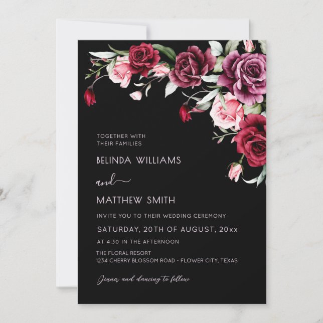 Invitation Watercolor Roses Black Background | Photo Wedding (Devant)