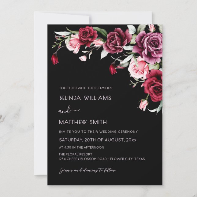 Invitation Watercolor Roses Black Background | Photo Wedding (Devant)