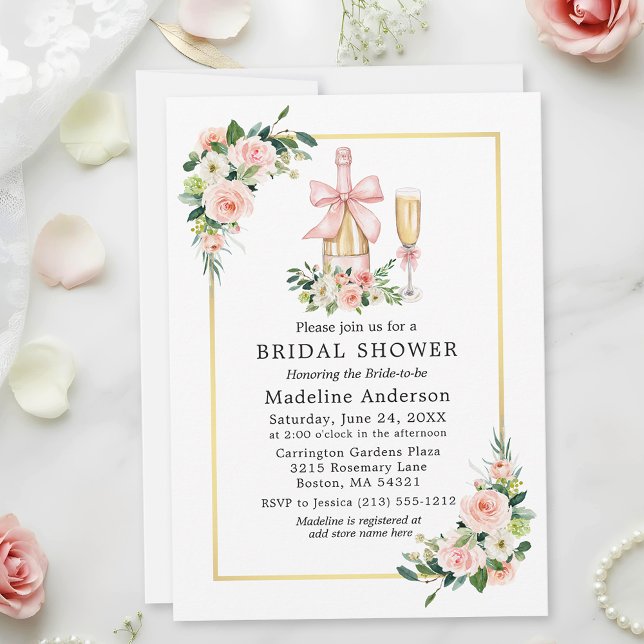Invitation Watercolor Roses Pink Bow Bridal Shower (Customize to add more text to back of card.)