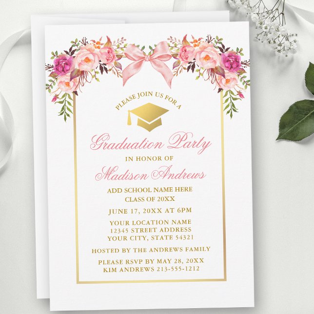 Invitation Watercolor Roses Pink Bow Graduation Party (Customize to change text color, text style or to add text to back of card.)