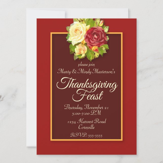 Invitation Watercolor Roses Thanksgiving Diner Party (Devant)