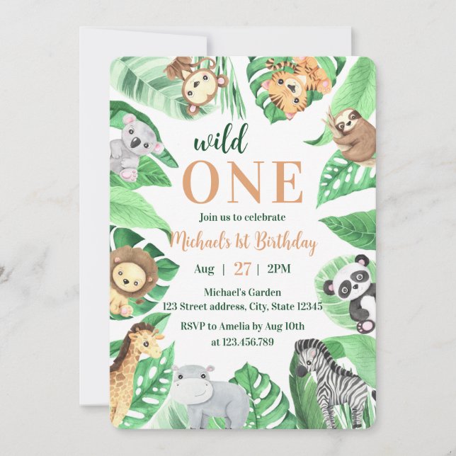 Invitation Watercolor Safari Animals Wild One 1st Birthday (Devant)