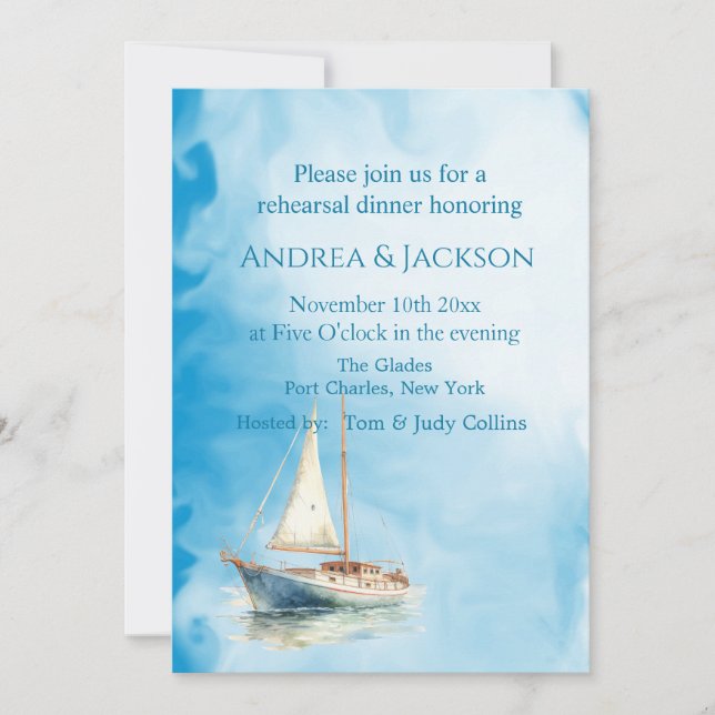 Invitation Watercolor Sailboat Photo QR Code Rehearal (Devant)