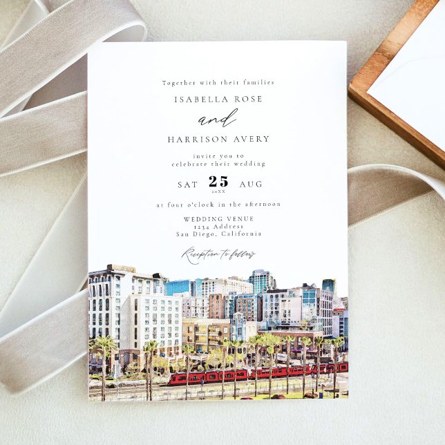 Invitation Watercolor San Diego California Skyline Wedding (Créateur téléchargé)