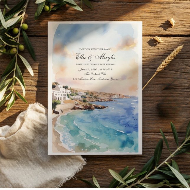 Invitation Watercolor Santorini Coastal  (Créateur téléchargé)