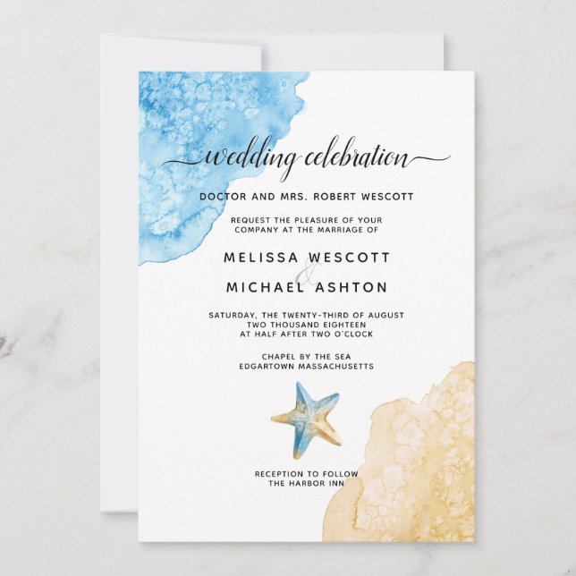 Invitation Watercolor Sea + Sand Modern Beach Mariage d'événe (Devant)