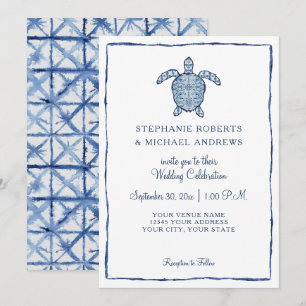 Invitation Watercolor Sea Turtle Beach Wedding Shibori Indigo