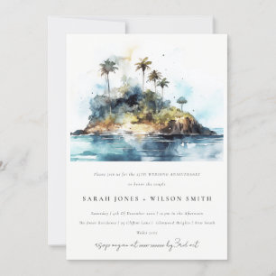 Invitation Watercolor Seascape Palm Tree Island Anniversaire