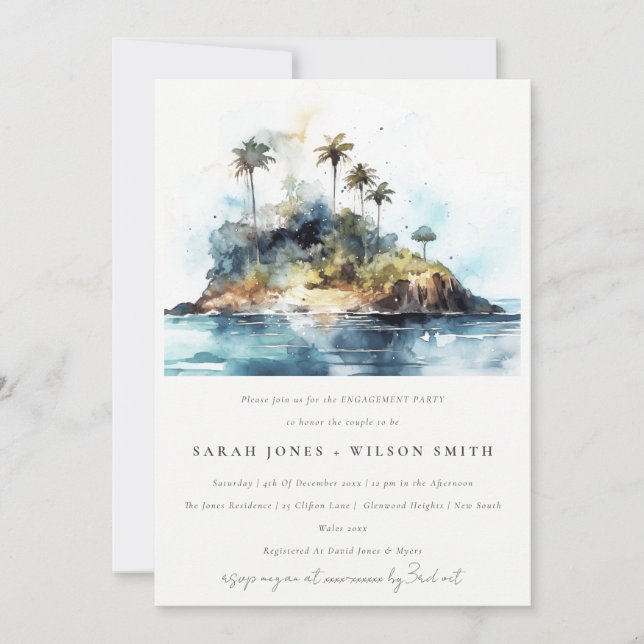 Invitation Watercolor Seascape Palm Tree Island Fiançailles (Devant)