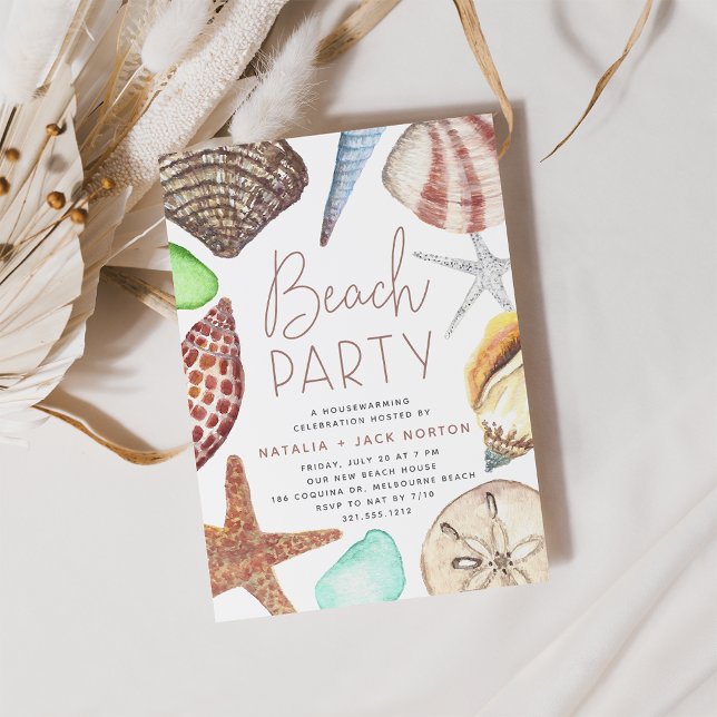 Invitation Watercolor Seashell Beach Party Chauffage domestiq (Créateur téléchargé)