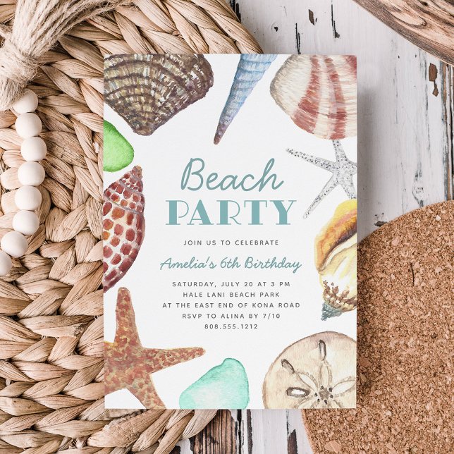 Invitation Watercolor Seashell Enfants Plage fête d'anniversa (Créateur téléchargé)