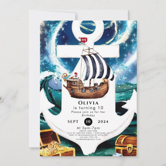 Invitation Watercolor Ship Fun Pirate Anniversaire (Devant)