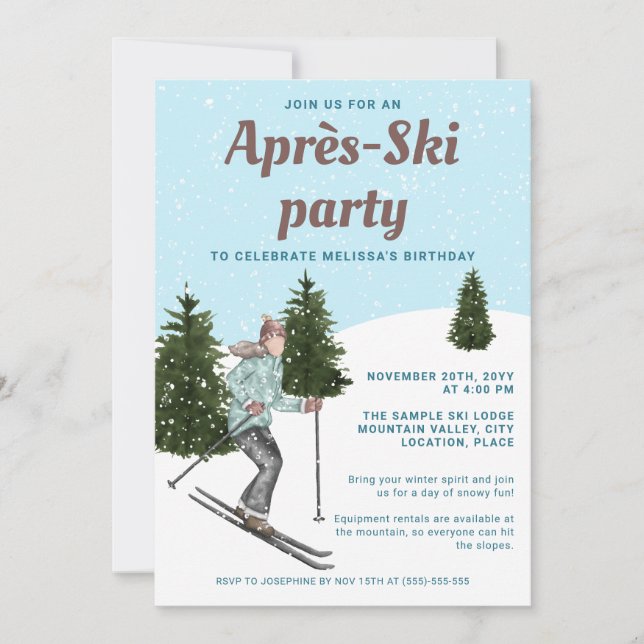 Invitation Watercolor Ski Girl Fun Après-Ski Birthday Party (Devant)