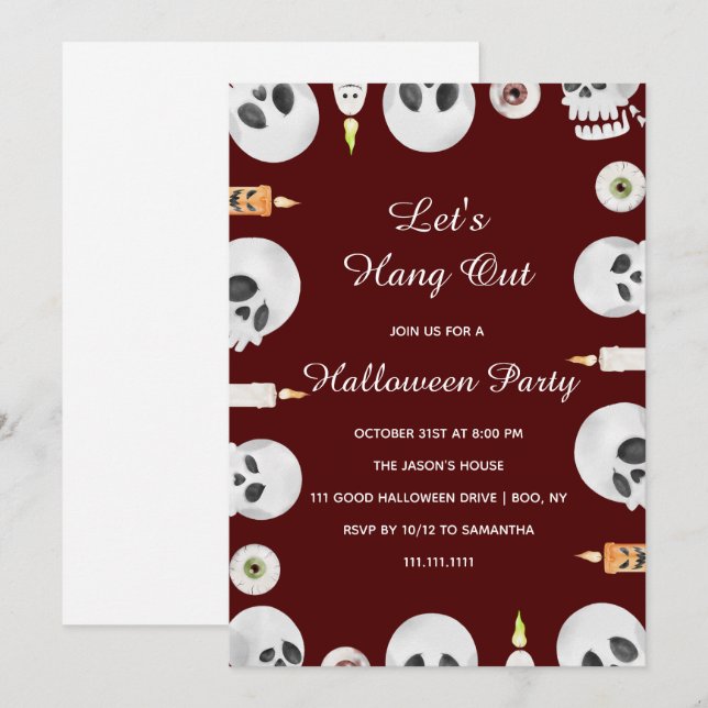 Invitation Watercolor Skull Let's Hang Out Halloween Party (Devant / Derrière)