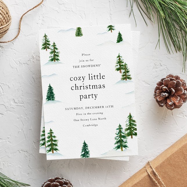 Invitation Watercolor Snowy Pine Tree Forest Christmas Party (Elegant and clean Christmas party invitation with watercolor pine trees in a snowy forest.)
