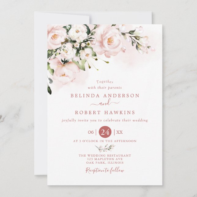 Invitation Watercolor soft blush pink floral Wedding (Devant)