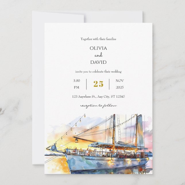 Invitation Watercolor Soft Sunset Sky Sailboat Beach Mariage (Devant)