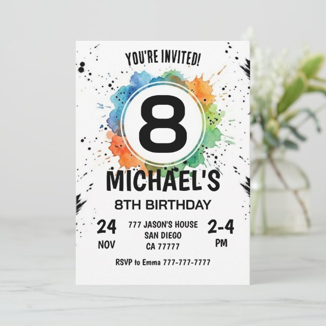 Invitation Watercolor Splash Boy 8th Birthday (Debout devant)