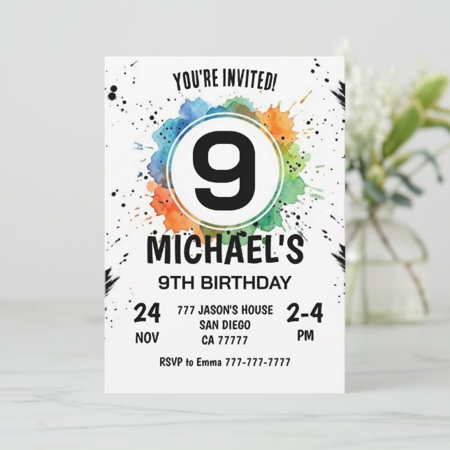Invitation Watercolor Splash Boy 9th Birthday (Debout devant)