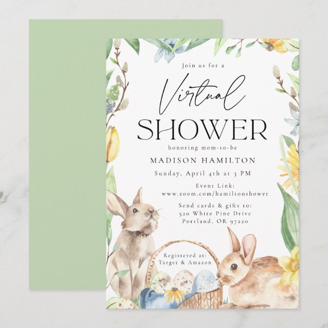 Invitation Watercolor Spring Bunnies Baby shower virtuel (Devant / Derrière)