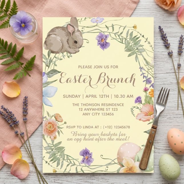 Invitation Watercolor Spring Floral Bunny Easter Brunch  (Créateur téléchargé)