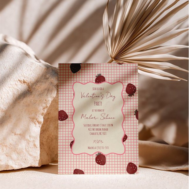 Invitation Watercolor Strawberries on Pink Grid- Valentine (Créateur téléchargé)