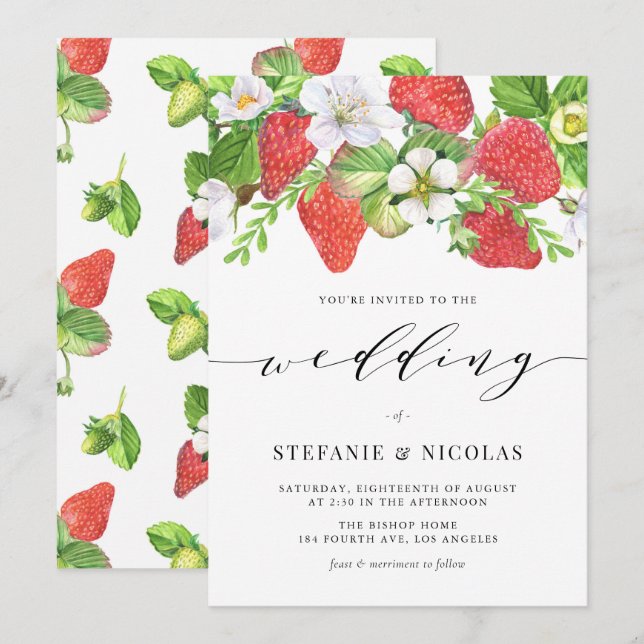 Invitation Watercolor Strawberry Garland Mariage botanique (Devant / Derrière)