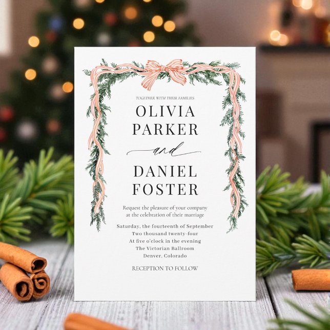 Invitation Watercolor Striped Red Bow Christmas Greenery (Créateur téléchargé)