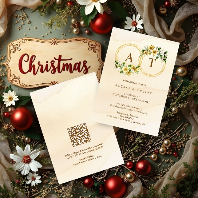 Invitation Watercolor Style Gold Floral Christmas Wreath (Watercolor Style Gold Floral Christmas Wreath with Initials Wedding Invitation with Back QR Code. )