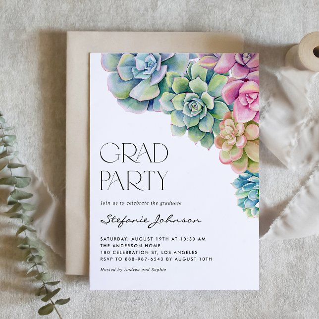 Invitation Watercolor Succulents Boho Graduation Party (Créateur téléchargé)