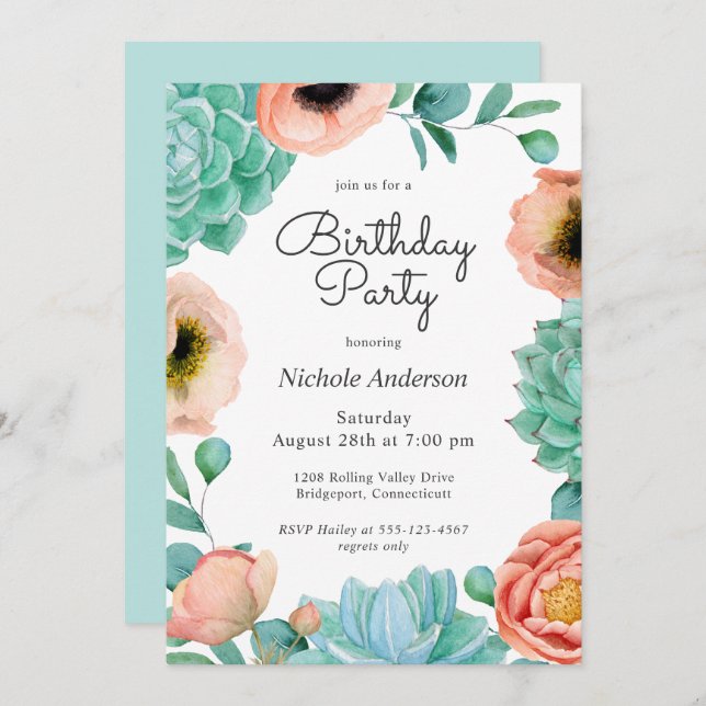 Invitation Watercolor Succulents Floral Anniversaire (Devant / Derrière)