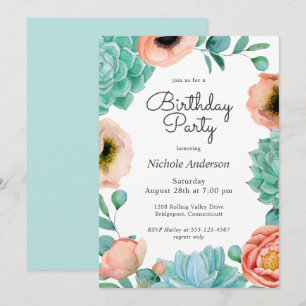 Invitation Watercolor Succulents Floral Anniversaire