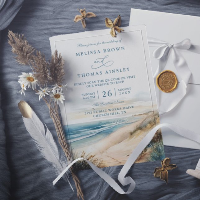 Invitation Watercolor Summer Ocean Beach QR Code Wedding (Créateur téléchargé)