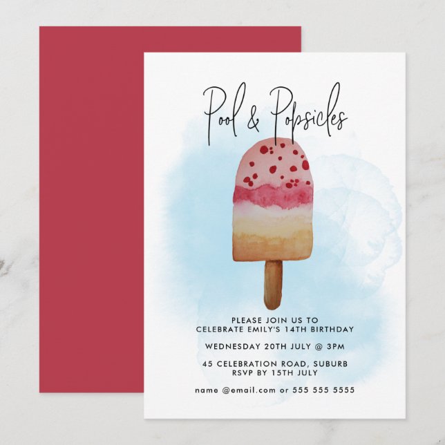 Invitation Watercolor Summer Pool & Popsicle Party Anniversai (Devant / Derrière)