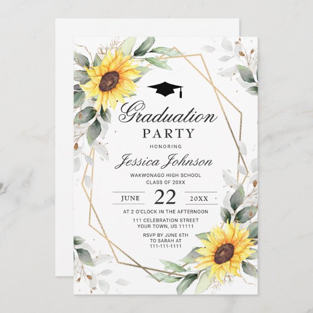 Invitation Watercolor Sunflower Eucalyptus Graduation Party (Devant / Derrière)