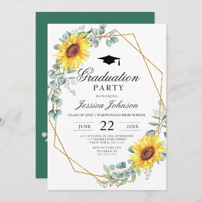 Invitation Watercolor Sunflower Eucalyptus Graduation Party (Devant / Derrière)