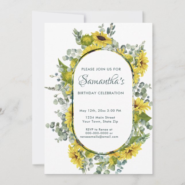 Invitation Watercolor Sunflower Wreath fête d'anniversaire (Devant)